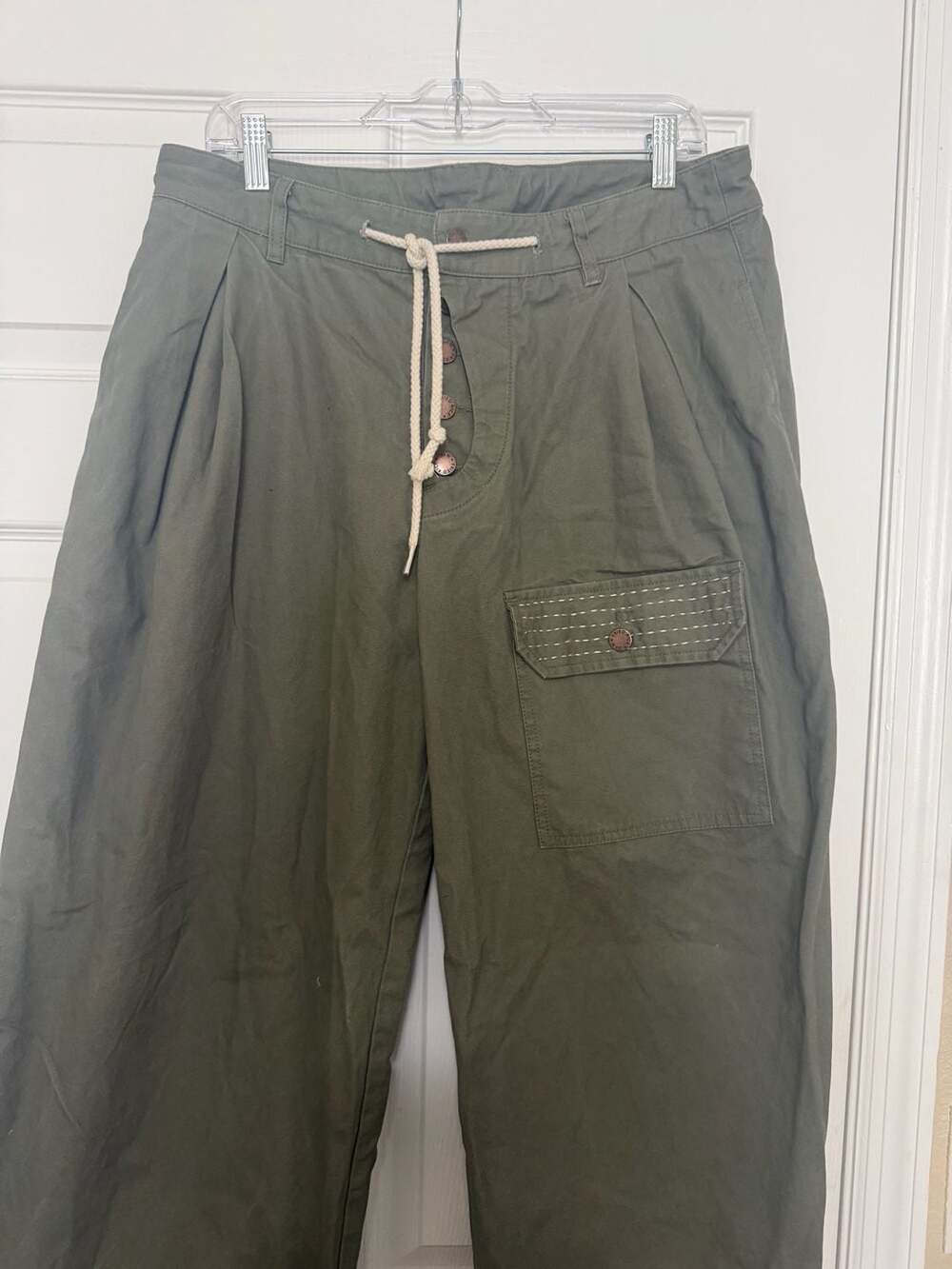 Fried Rice NYC Olive Green Wide-Leg Cargo Pants with Sashiko Stitching - Picture 2 of 6